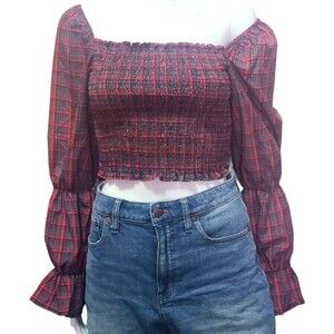 Plaid Off-Shoulder Smocked Top